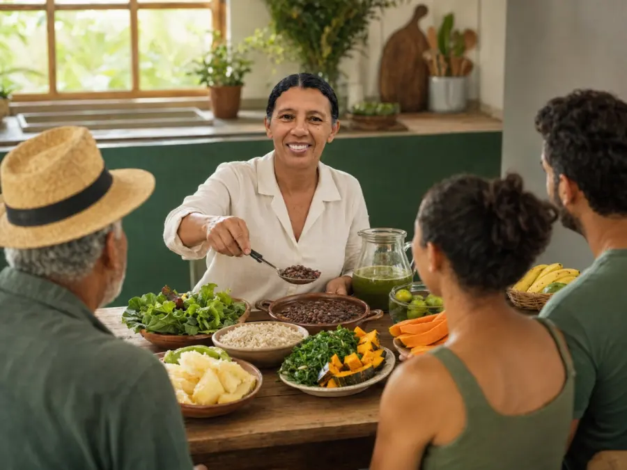 Maria do Socorro à mesa com a família, servindo comida de verdade: feijão, couve, macaxeira e suco verde